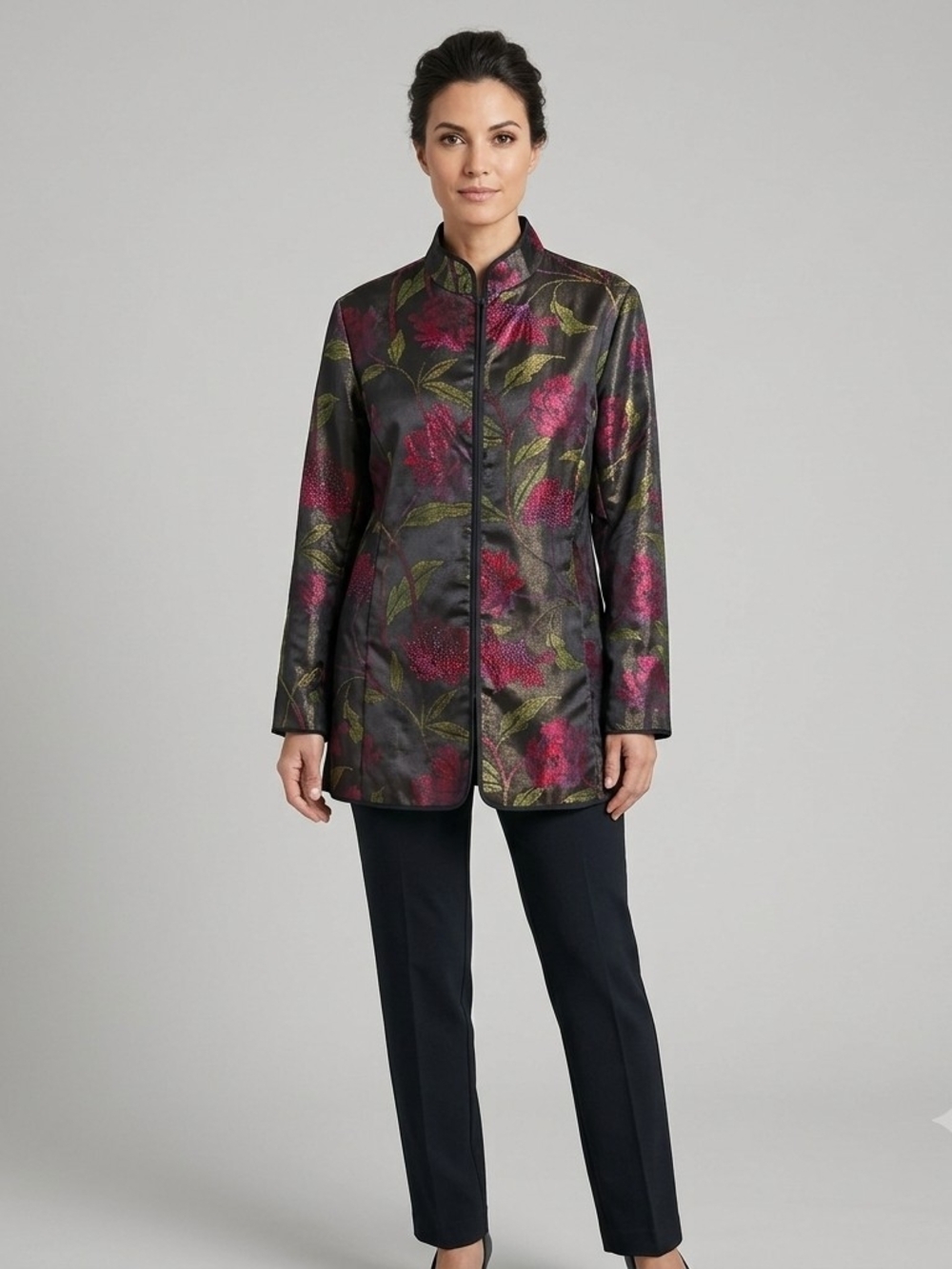 Chicos 100% Silk Beaded Floral Jacket Kimono Size 3 Mandarin Evening Tunic XL